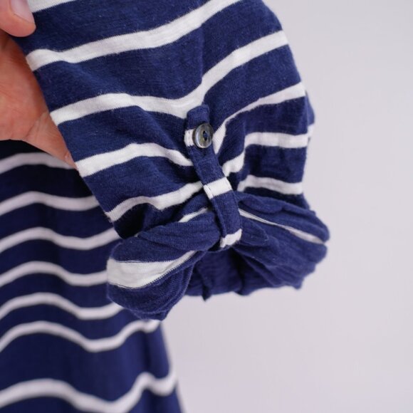 Chicos XL Top Size 3 Blue White Button Front Striped Rolled Tab Collared Long Sl - Picture 4 of 10